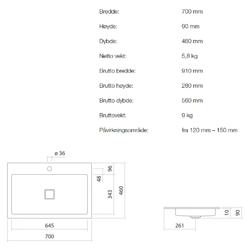 Alape EB.RE700H.2 servant 70x46 cm nedfelt