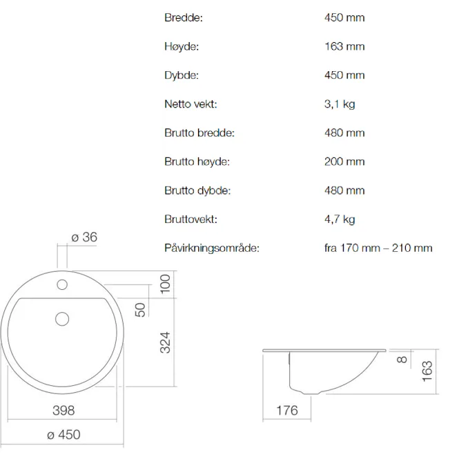Hovedbilde Alape EB.S450H servant ø45cm nedfelt m/ overløp