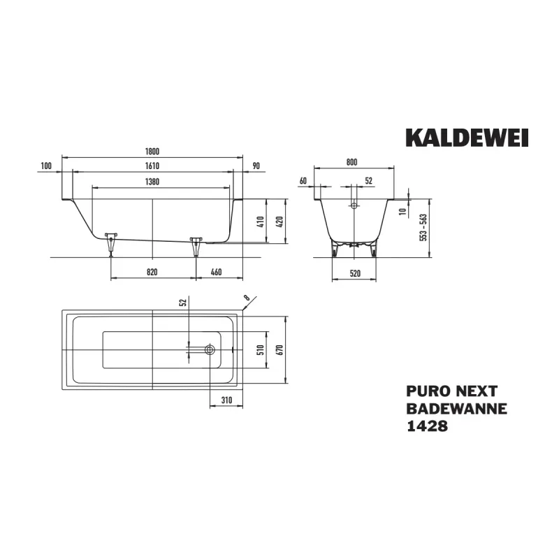 Kaldewei PURO NEXT Mod 1428 Innebygd Badekar 180x80 cm
