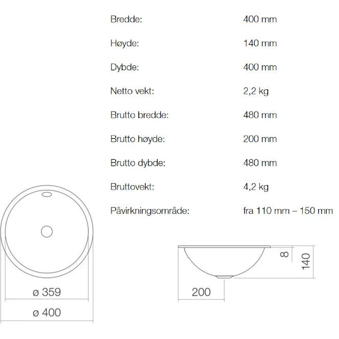 Hovedbilde Alape EB.K400 servant ø40 cm nedfelt m/ overløp