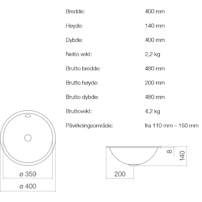 Alape EB.K400 servant ø40 cm nedfelt m/ overløp