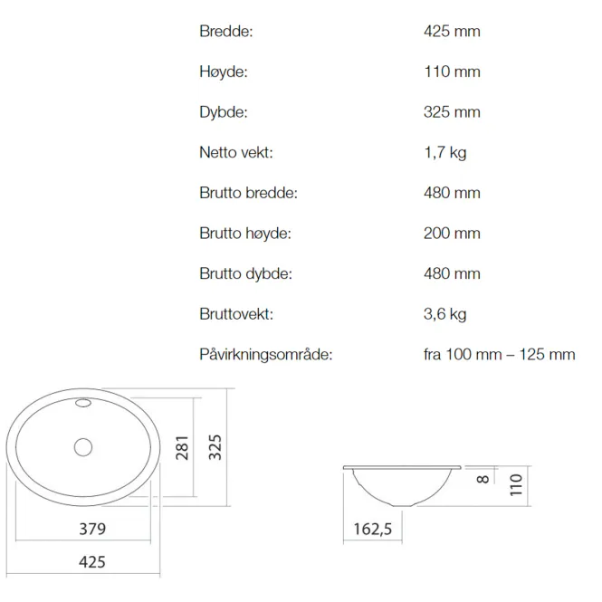 Hovedbilde Alape EB.O425 servant 42.5x32.5 cm nedfelt m/ overløp
