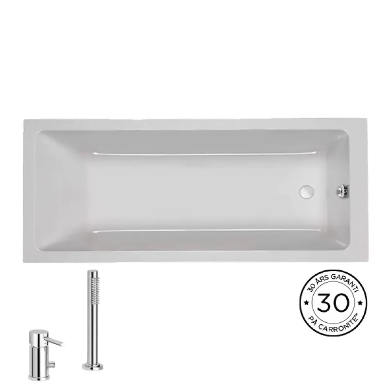 OUTLET: Strømberg Quantum Innebygd Badekar 150x70 cm Carronite, Inkl. Ligro Badekarbatteri m/vannpåfylling via overløp - Krom
