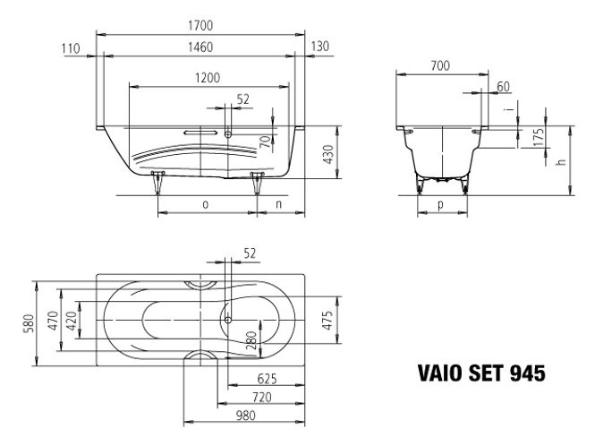 Hovedbilde Kaldewei VAIO SET STAR Mod 945 Badekar 170x70 cm, Alpine White, Full ...