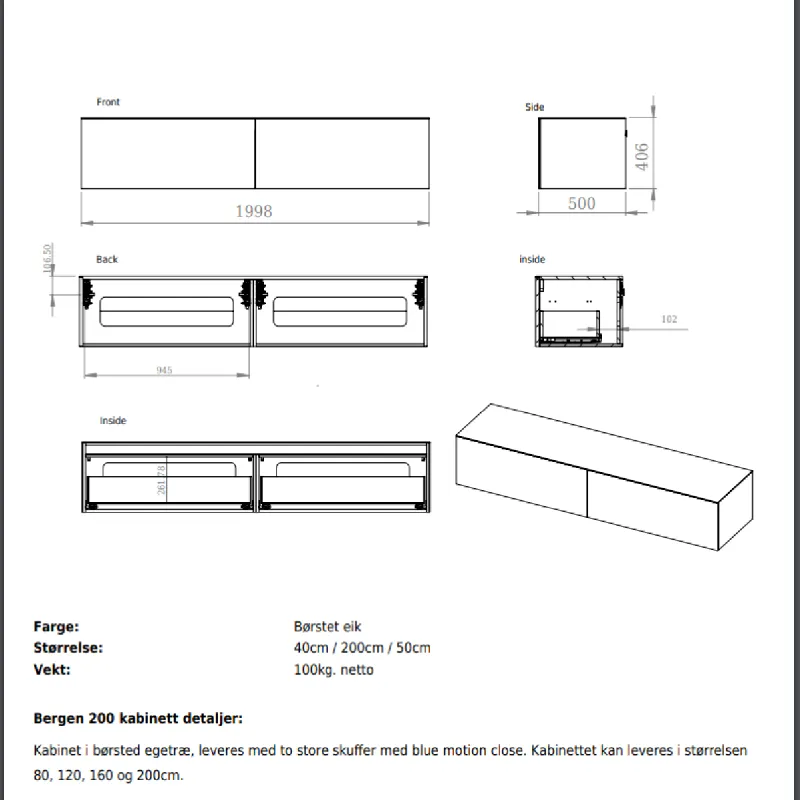 Copenhagen Bath Bergen 200 cm servantskap - to skuffer