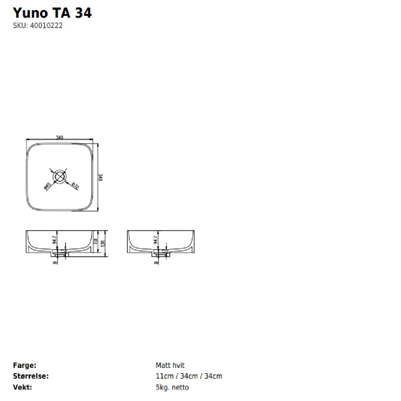 Copenhagen Bath Yuno TA 34x34 cm servant - toppmontert