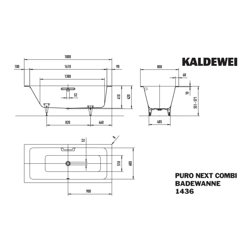 Kaldewei PURO NEXT COMBI Mod 1436 Innebygd Badekar 180x80 cm