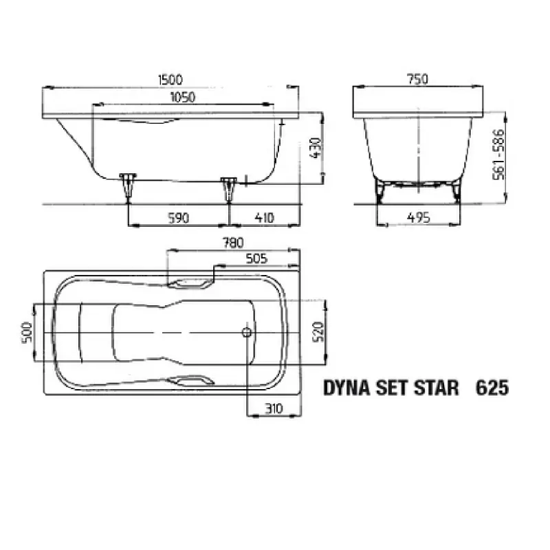 Kaldewei DYNA SET STAR Mod 625 Innebygd Dusjbadekar 150x75 cm