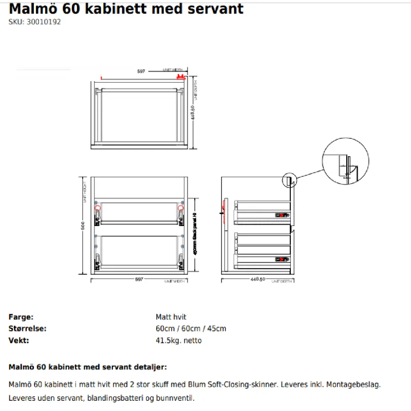 Copenhagen Bath Malmö 60 cm servantskap - med servant