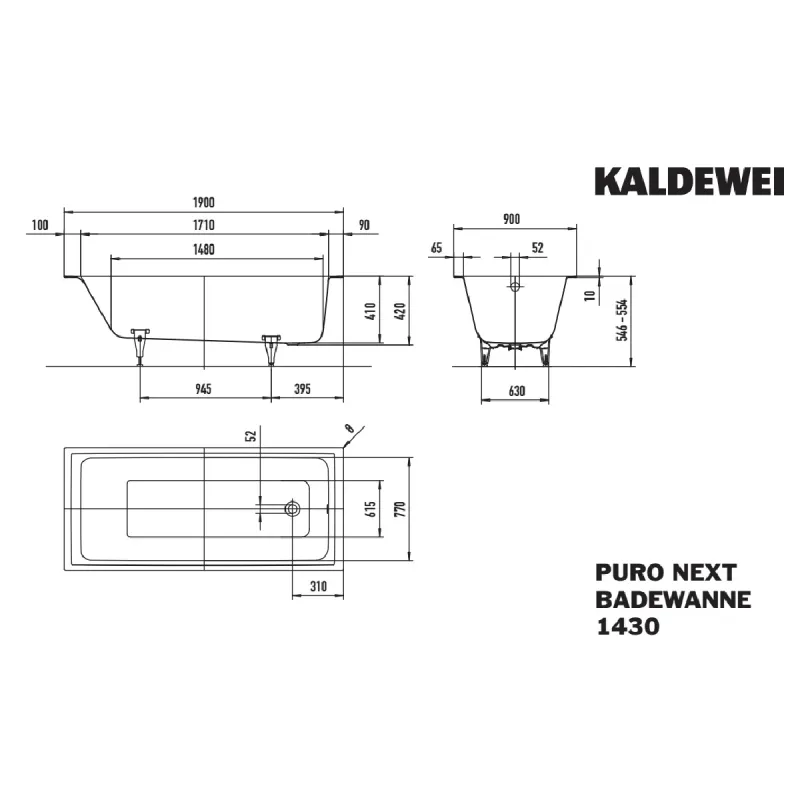 Kaldewei PURO NEXT Mod 1430 Innebygd Badekar 190x90 cm