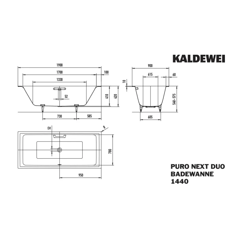Kaldewei PURO NEXT DUO Mod 1440 Innebygd Badekar 190x90 cm
