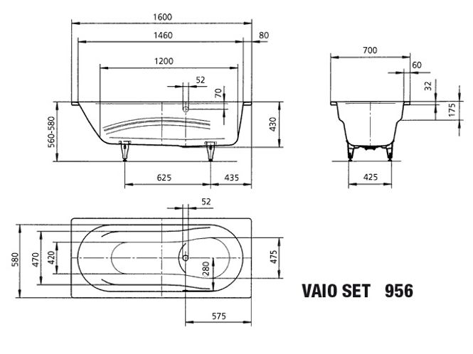 Hovedbilde Kaldewei VAIO SET Mod 956 Badekar 160x70 cm, Manhattan, Easy-Clean ...