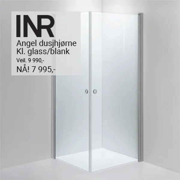 INR Angel dusjhjørne med klart glass og blanke profiler - 70x90, 80x80, 80x90, 80x100, 90x90 og 90x100