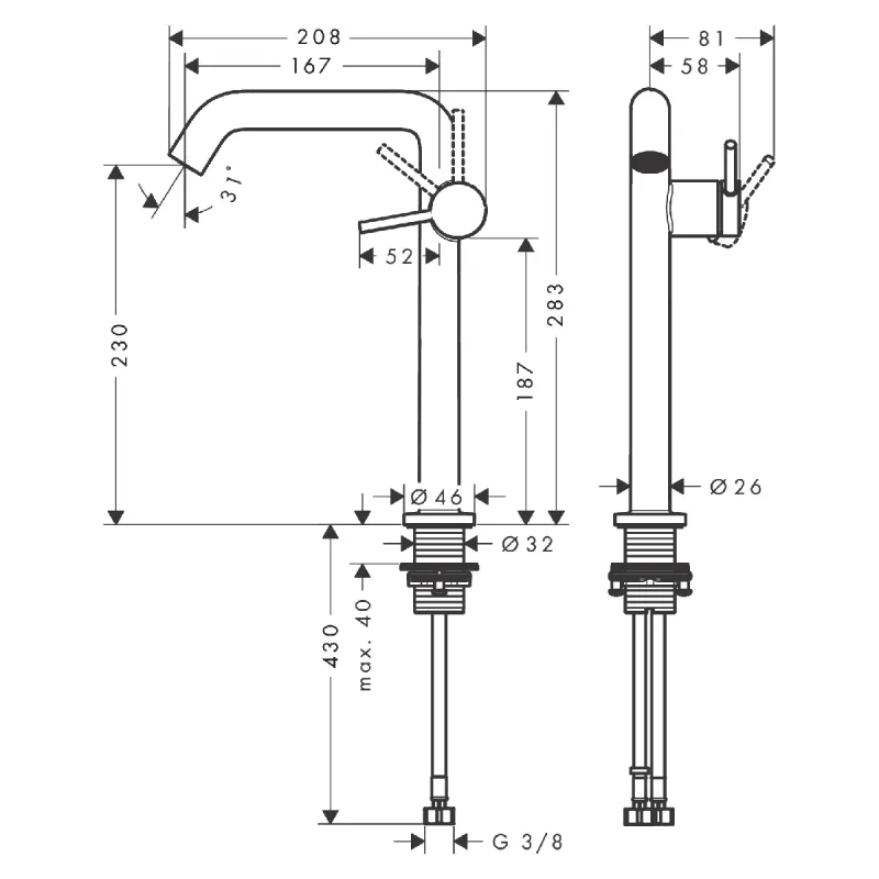Hansgrohe Tecturis S 1-greps Servantbatteri 240 Fine
