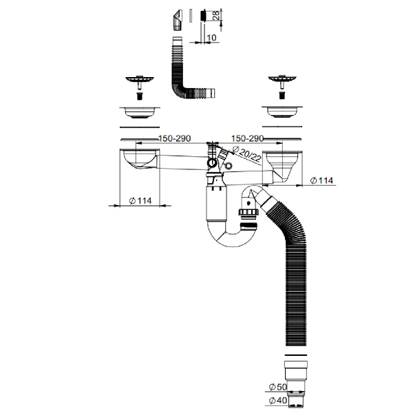 Hovedbilde Contura Steel Kjøkkenvannlås Pro med dobbel kurvventil og flexislange
